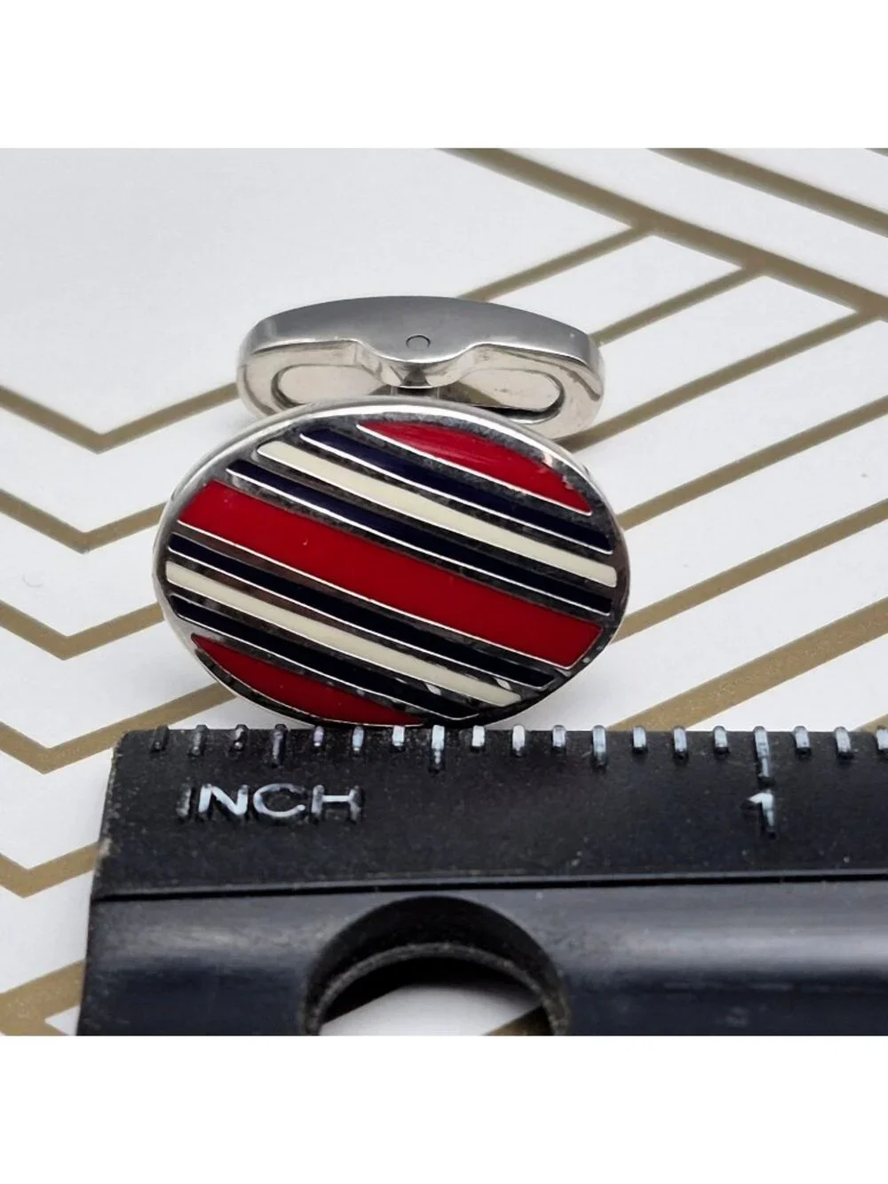 Jos A. Bank Mens Silver Tone Cufflinks Striped Red & Black Oval Design